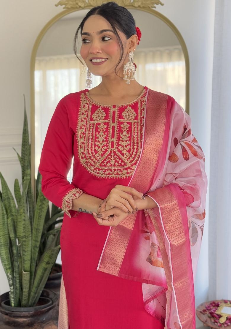 Pink Embroidered Viscose Rayon Salwar Kameez With Dupatta