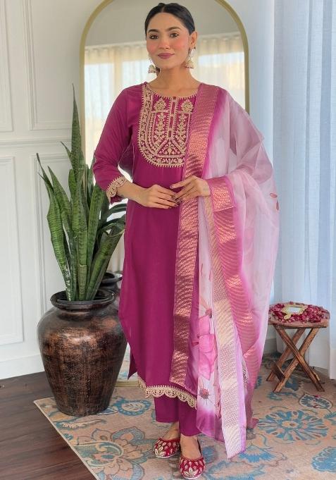 Purple Embroidered Viscose Rayon Salwar Kameez With Dupatta