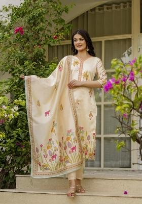 Beige Printed Viscose Assam Silk Salwar Kameez With Dupatta