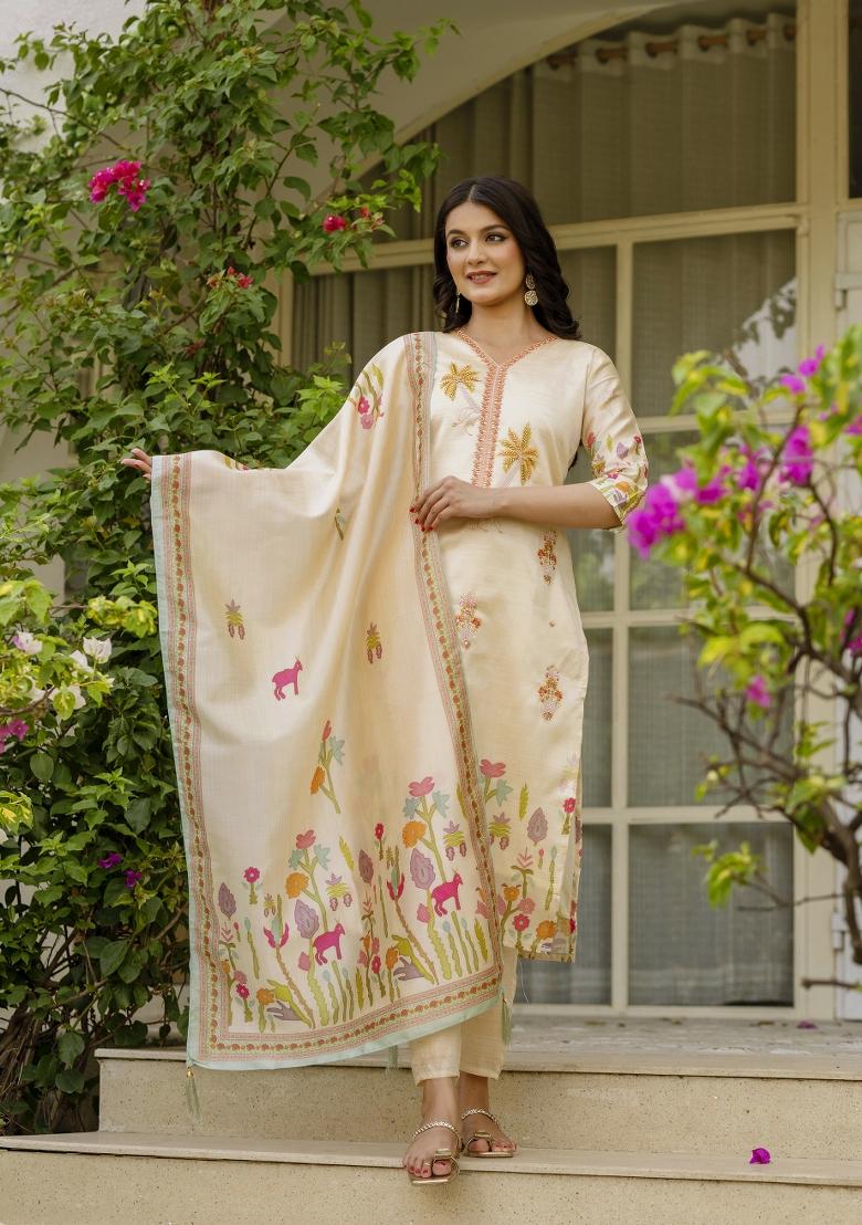 Beige Printed Viscose Assam Silk Salwar Kameez With Dupatta