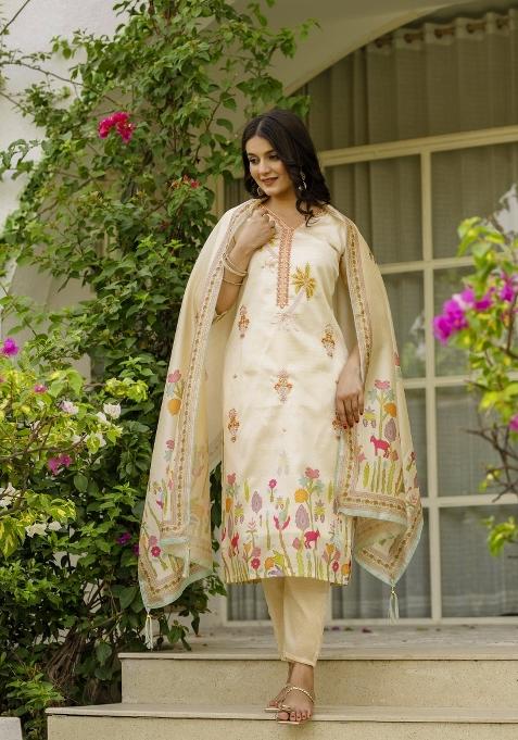 Beige Printed Viscose Assam Silk Salwar Kameez With Dupatta