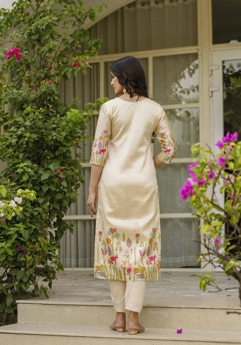 Beige Printed Viscose Assam Silk Salwar Kameez With Dupatta