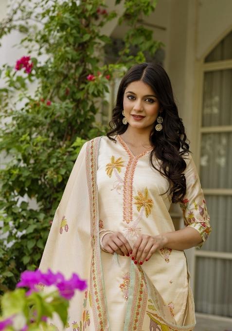 Beige Printed Viscose Assam Silk Salwar Kameez With Dupatta