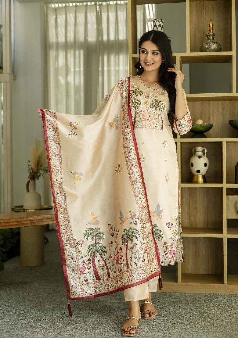 Beige Printed Viscose Assam Silk Salwar Kameez With Dupatta