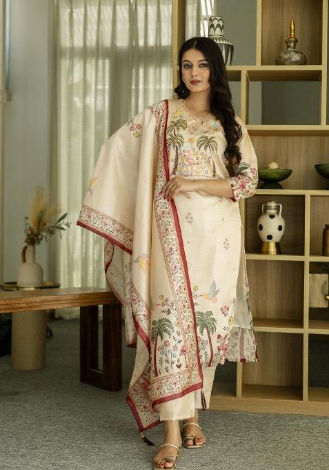 Beige Printed Viscose Assam Silk Salwar Kameez With Dupatta