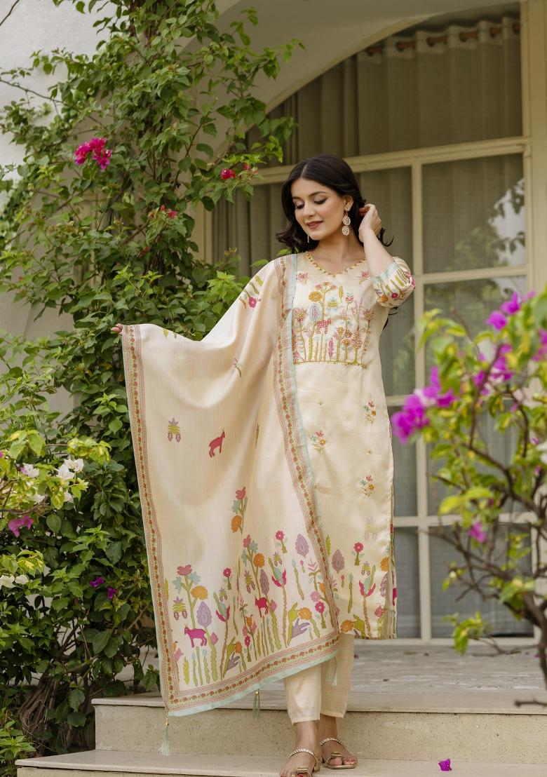 Beige Printed Viscose Assam Silk Salwar Kameez With Dupatta