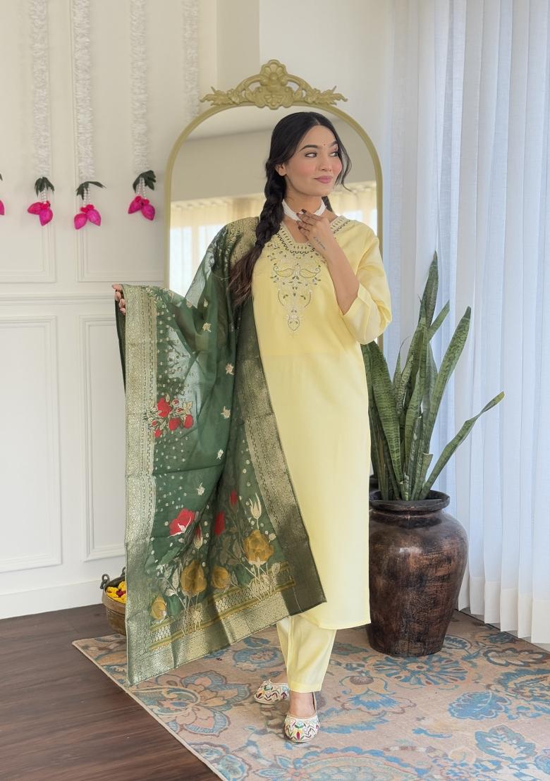 Yellow Embroidered Viscose Chanderi Salwar Kameez With Dupatta