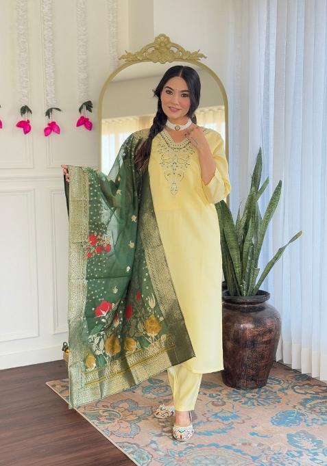 Yellow Embroidered Viscose Chanderi Salwar Kameez With Dupatta