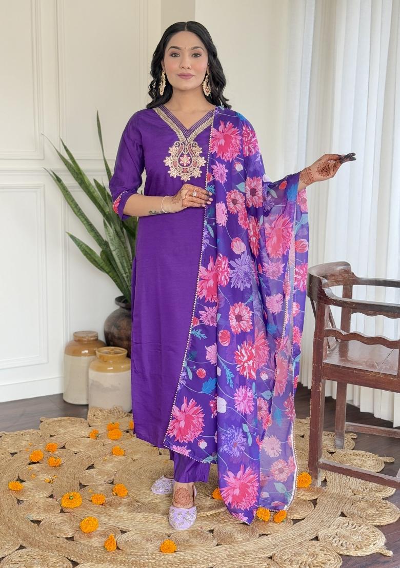 Voilet Embroidered Viscose Chanderi Salwar Kameez With Dupatta