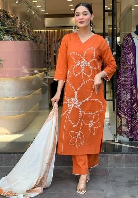 Orange Embroidered Viscose Chanderi Salwar Kameez With Dupatta