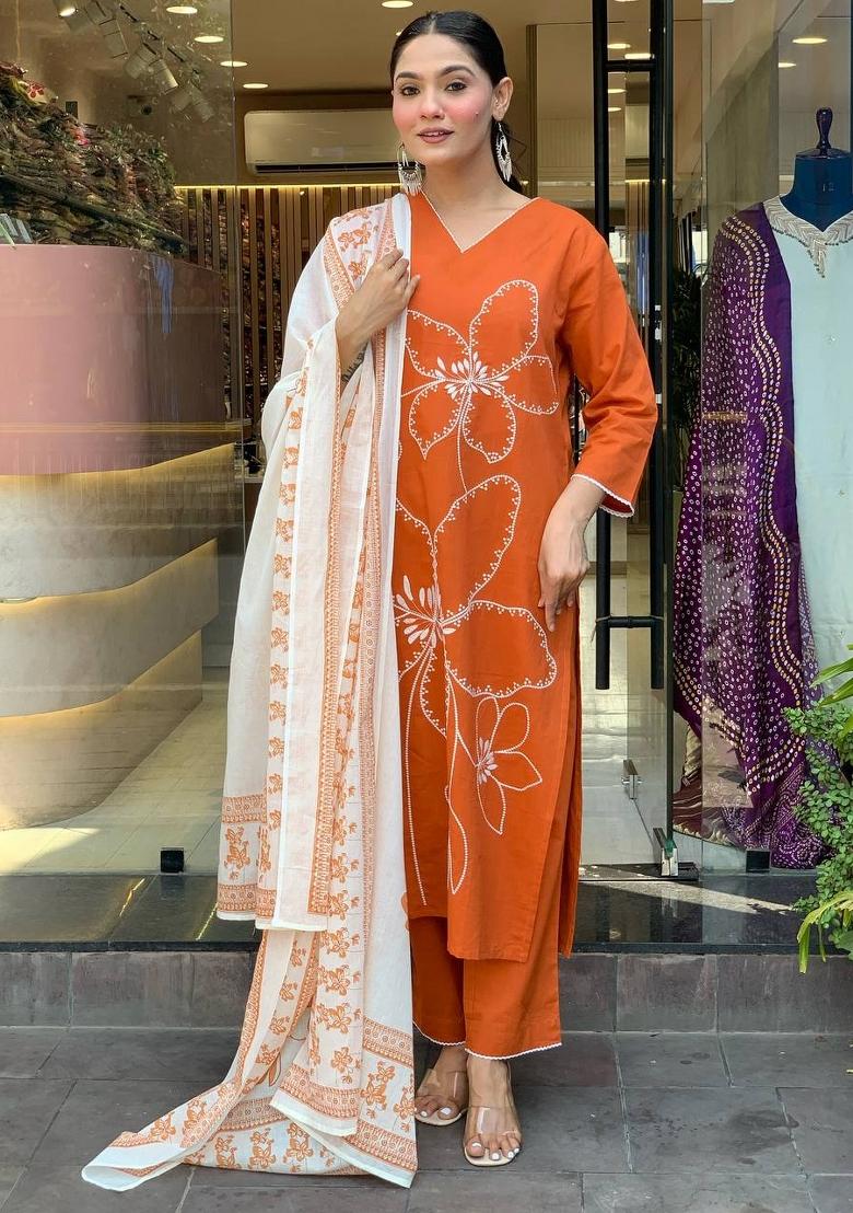 Orange Embroidered Viscose Chanderi Salwar Kameez With Dupatta