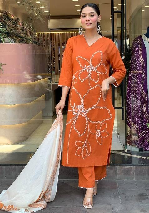 Orange Embroidered Viscose Chanderi Salwar Kameez With Dupatta