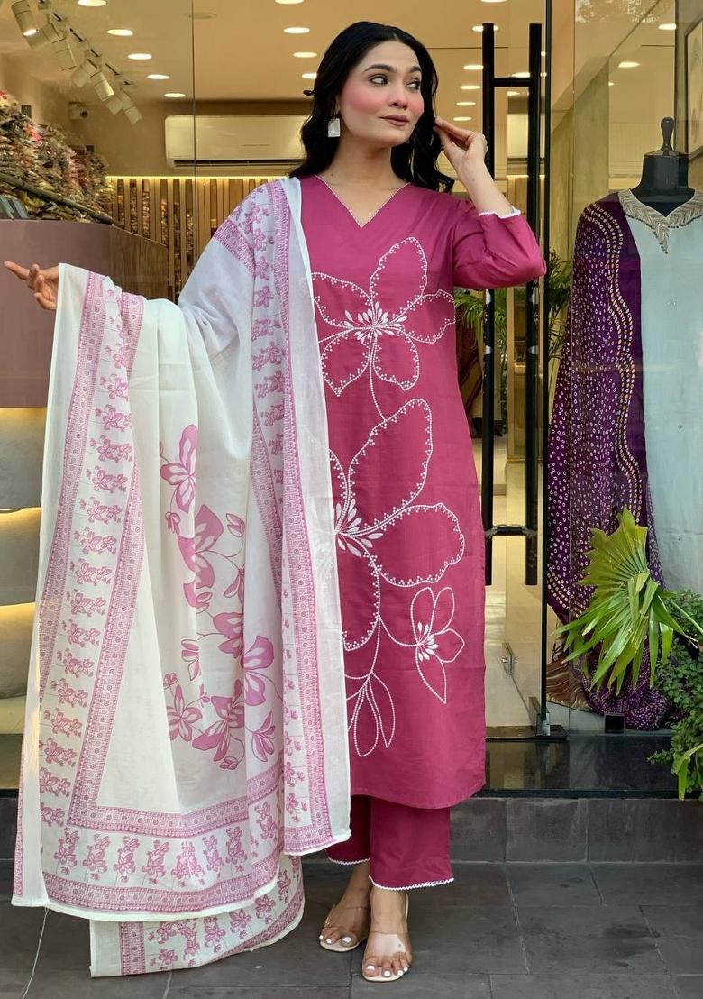 Pink Embroidered Viscose Chanderi Salwar Kameez With Dupatta
