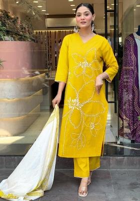 Yellow Embroidered Viscose Chanderi Salwar Kameez With Dupatta