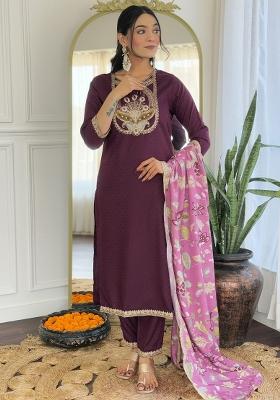 Wine Embroidered Viscose Rayon Salwar Kameez With Dupatta