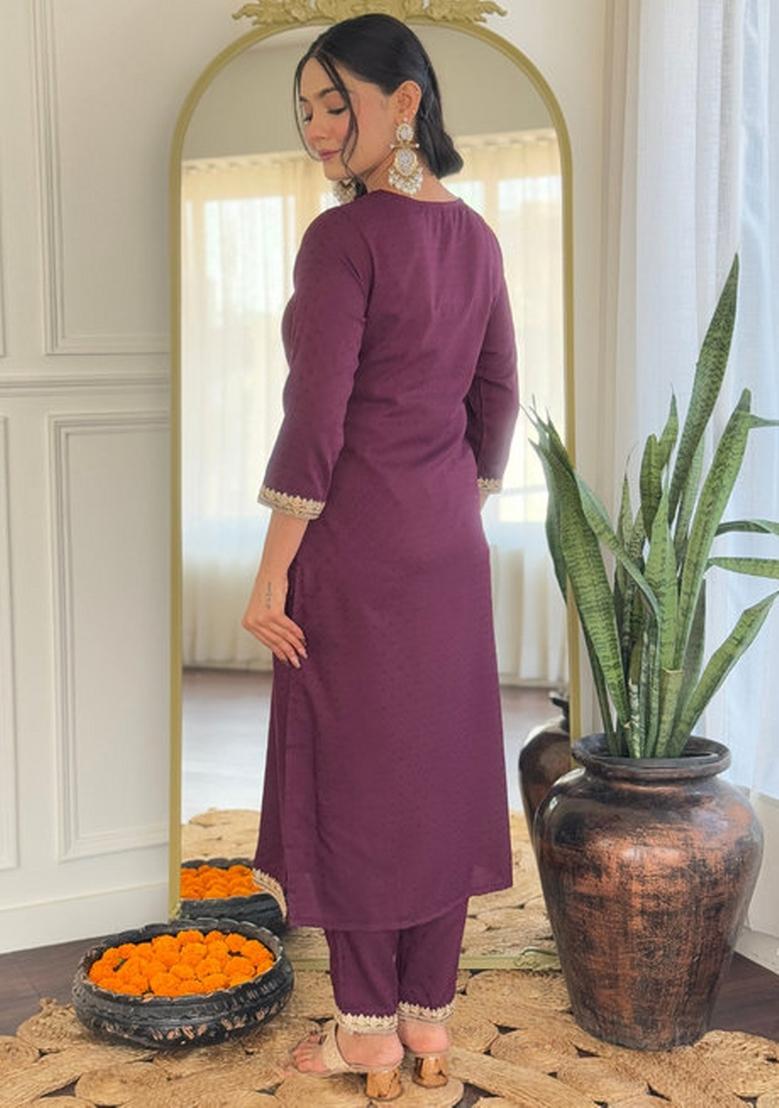 Wine Embroidered Viscose Rayon Salwar Kameez With Dupatta