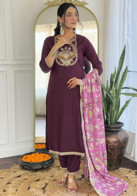 Wine Embroidered Viscose Rayon Salwar Kameez With Dupatta