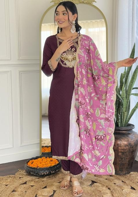 Wine Embroidered Viscose Rayon Salwar Kameez With Dupatta