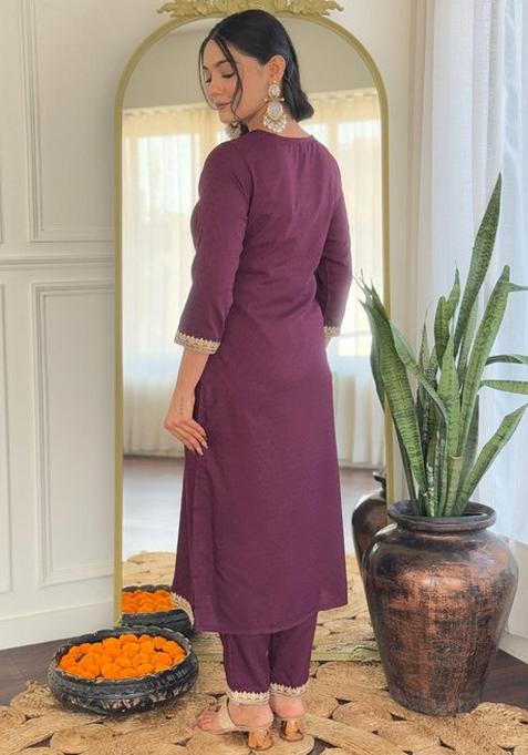 Wine Embroidered Viscose Rayon Salwar Kameez With Dupatta