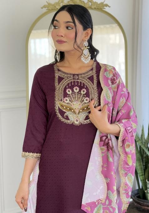 Wine Embroidered Viscose Rayon Salwar Kameez With Dupatta