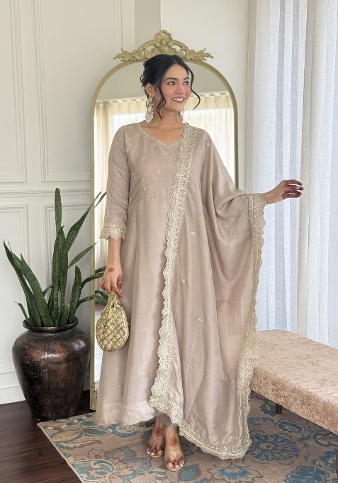 Chiku Brown Embroidered Vichitra Silk Salwar Kameez With Dupatta