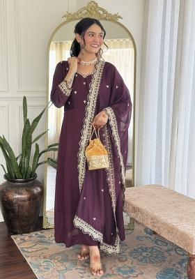 Wine Embroidered Vichitra Silk Salwar Kameez With Dupatta