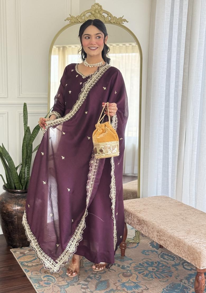Wine Embroidered Vichitra Silk Salwar Kameez With Dupatta