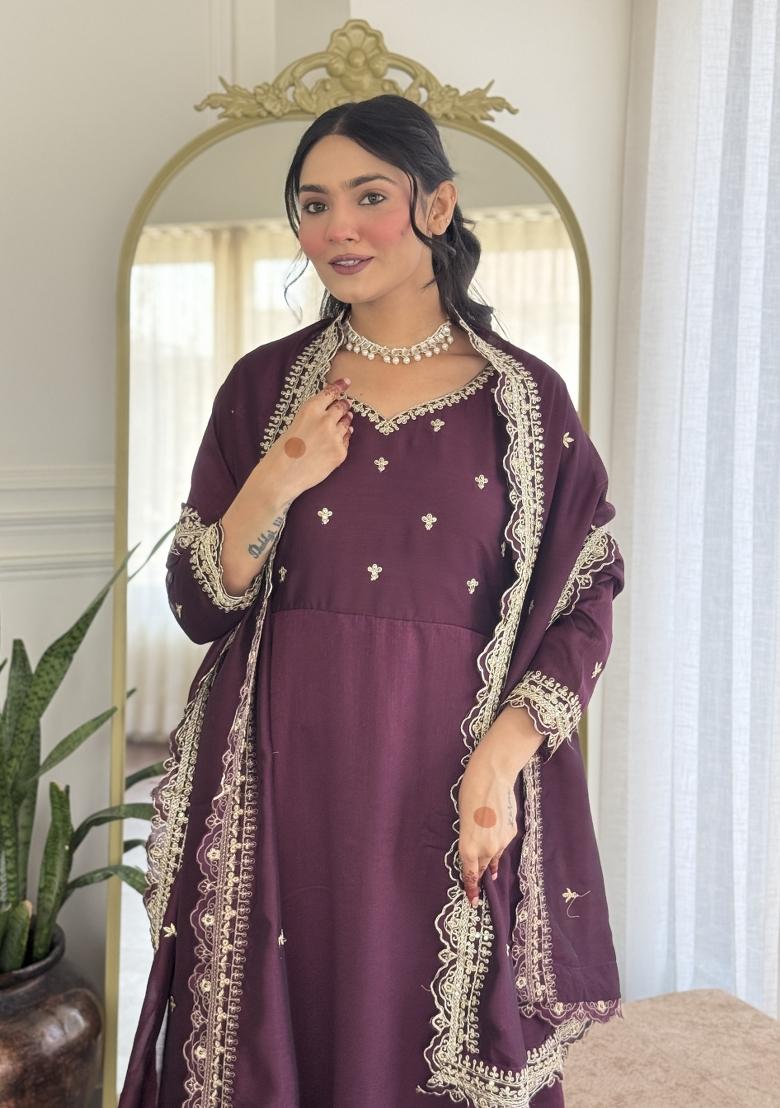 Wine Embroidered Vichitra Silk Salwar Kameez With Dupatta