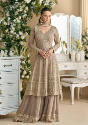 Beige Embroidered Georgette Salwar Kameez With Dupatta