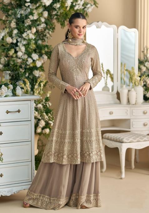 Beige Embroidered Georgette Salwar Kameez With Dupatta
