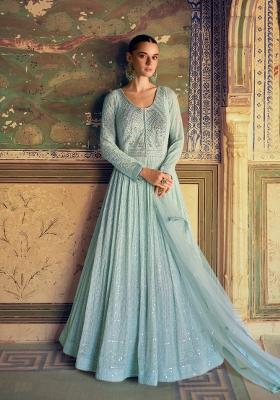 Sky Blue Embroidered Georgette Anarkali Set With Dupatta