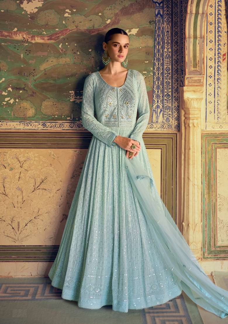 Sky Blue Embroidered Georgette Anarkali With Dupatta With Dupatta - Indya