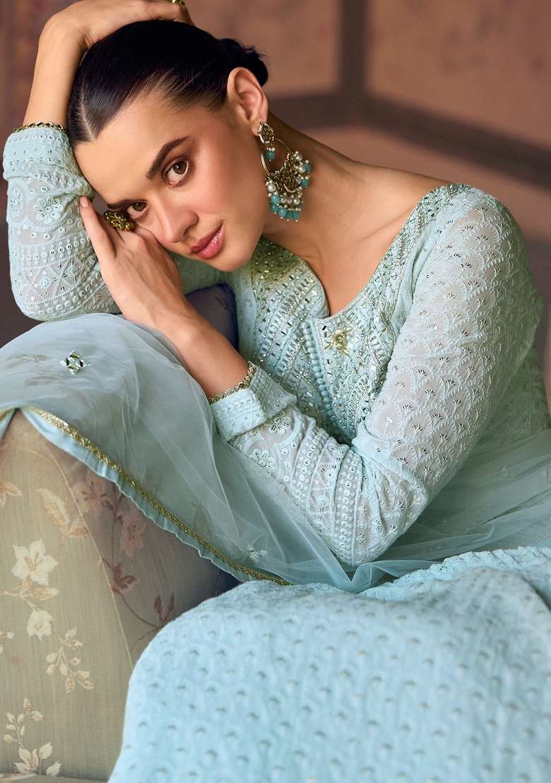 Sky Blue Embroidered Georgette Anarkali With Dupatta With Dupatta - Indya