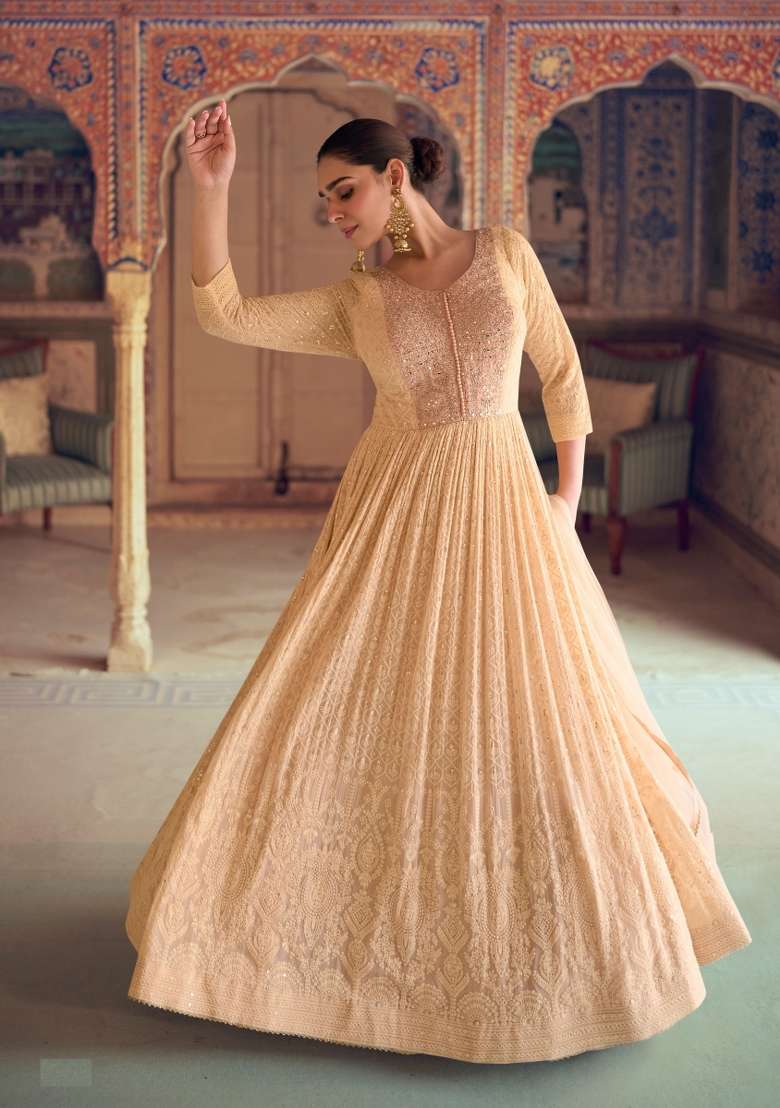 Peach Embroidered Georgette Anarkali With Dupatta With Dupatta - Indya