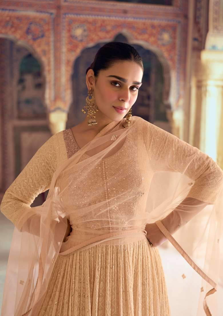 Peach Embroidered Georgette Anarkali With Dupatta With Dupatta - Indya
