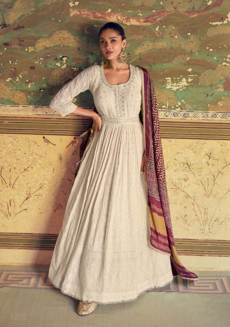 White Embroidered Georgette Anarkali With Dupatta With Dupatta - Indya