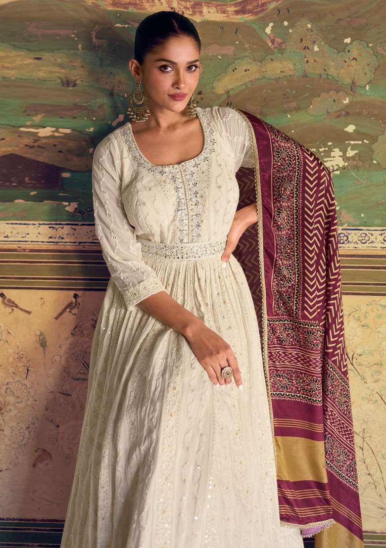 White Embroidered Georgette Anarkali With Dupatta With Dupatta - Indya