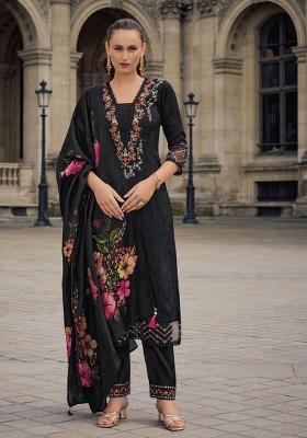 Black Printed Art Silk Salwar Kameez With Dupatta