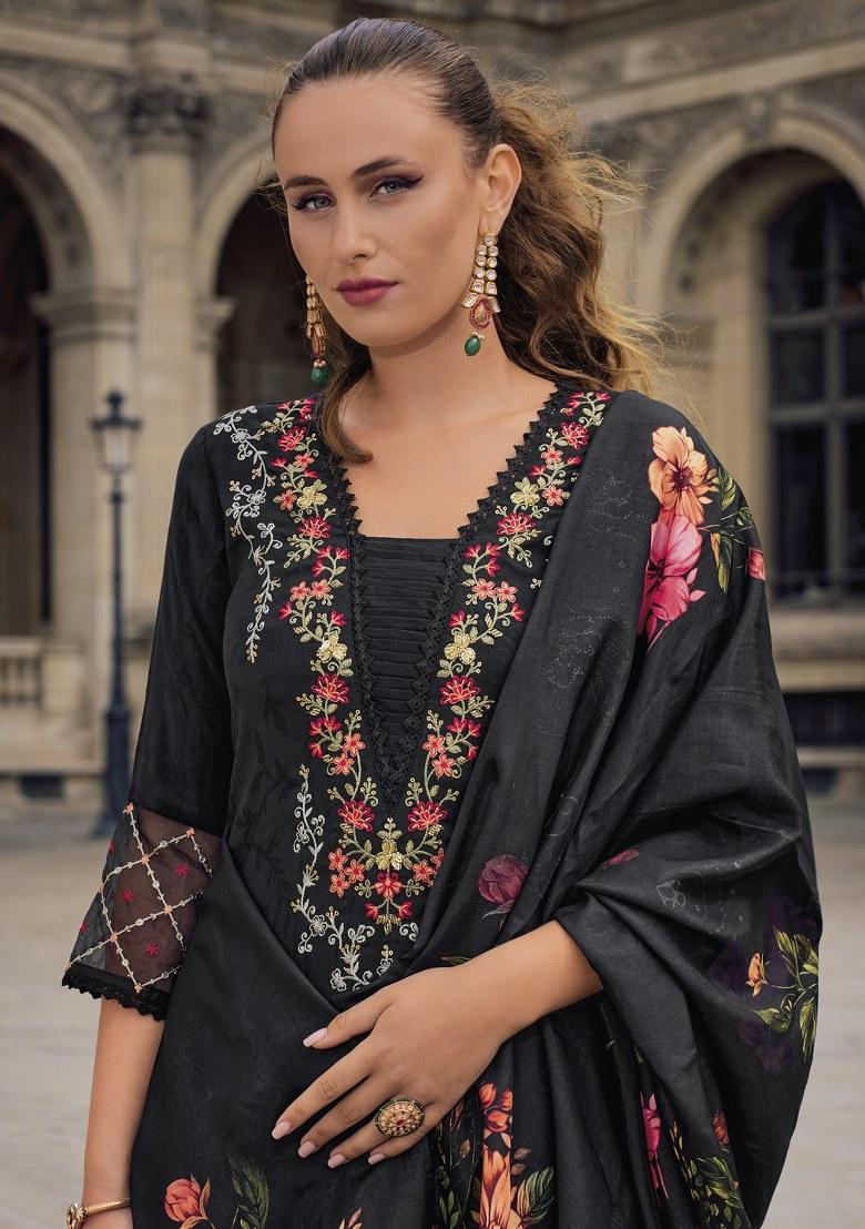 Black Printed Art Silk Salwar Kameez With Dupatta