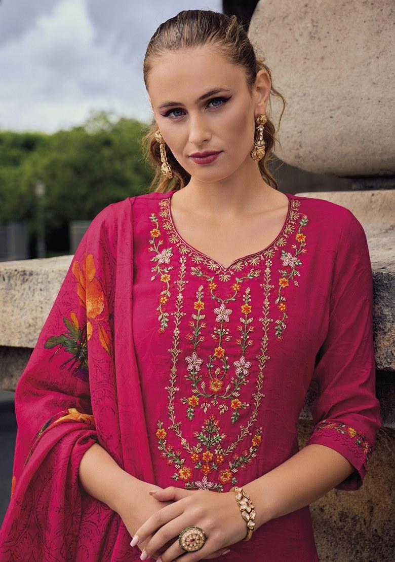 Pink Printed Art Silk Salwar Kameez With Dupatta