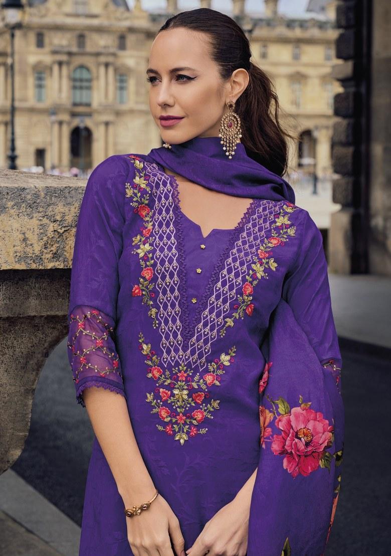 Purple Printed Art Silk Salwar Kameez With Dupatta