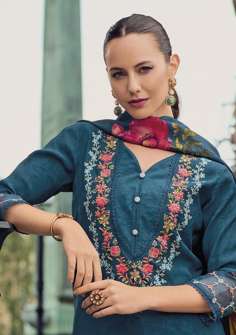 Teal Blue Printed Art Silk Salwar Kameez With Dupatta