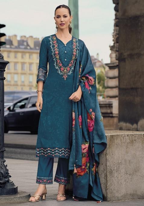 Teal Blue Printed Art Silk Salwar Kameez With Dupatta