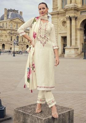 White Printed Art Silk Salwar Kameez With Dupatta