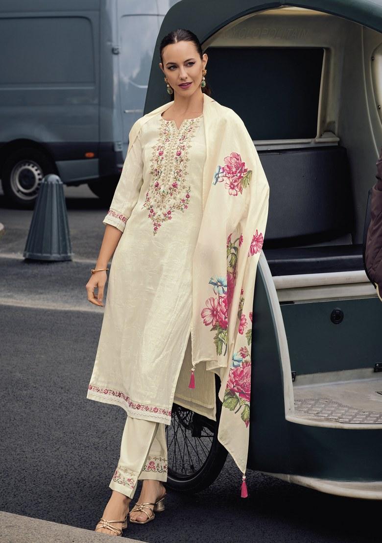 White Printed Art Silk Salwar Kameez With Dupatta