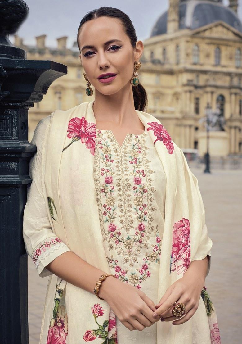 White Printed Art Silk Salwar Kameez With Dupatta