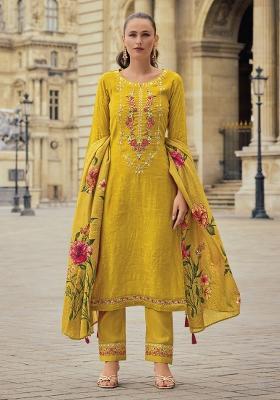 Yellow Printed Art Silk Salwar Kameez With Dupatta
