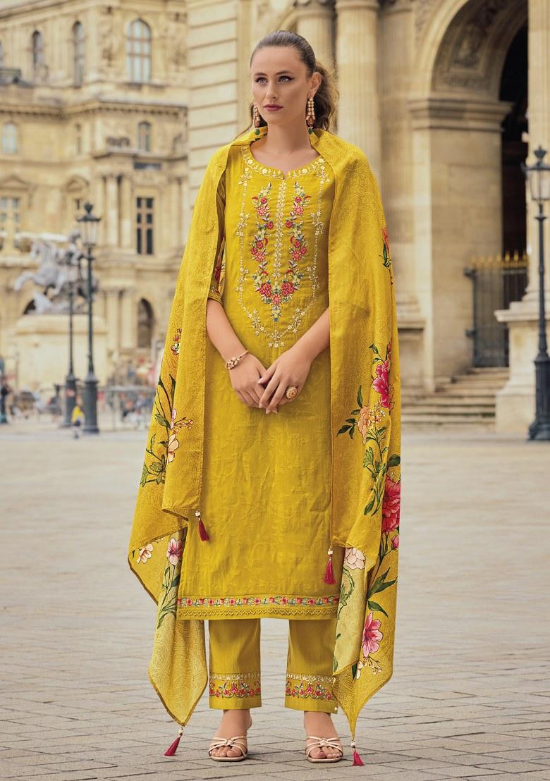 Yellow Printed Art Silk Salwar Kameez With Dupatta