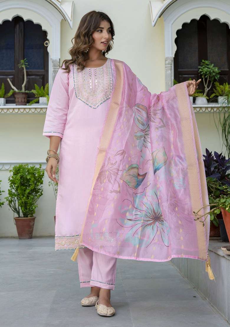 Pink Embroidered Silk Straight Kurta Set - Indya