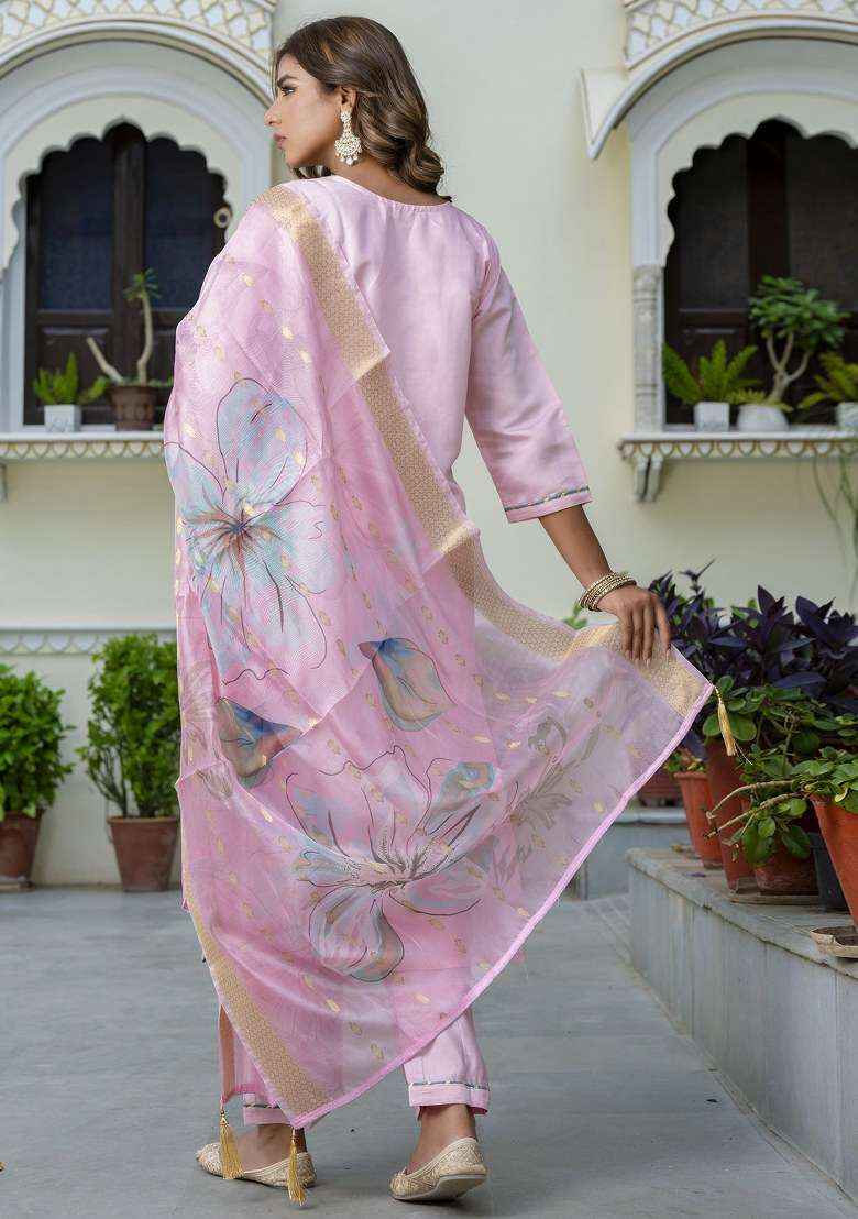 Pink Embroidered Silk Straight Kurta Set - Indya
